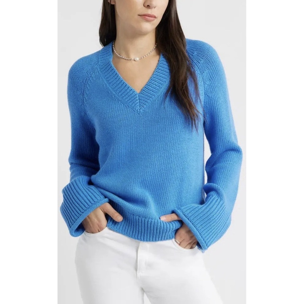 Caslon Oversized V-Neck Cotton Sweater Women XL Blue Palace Pullover